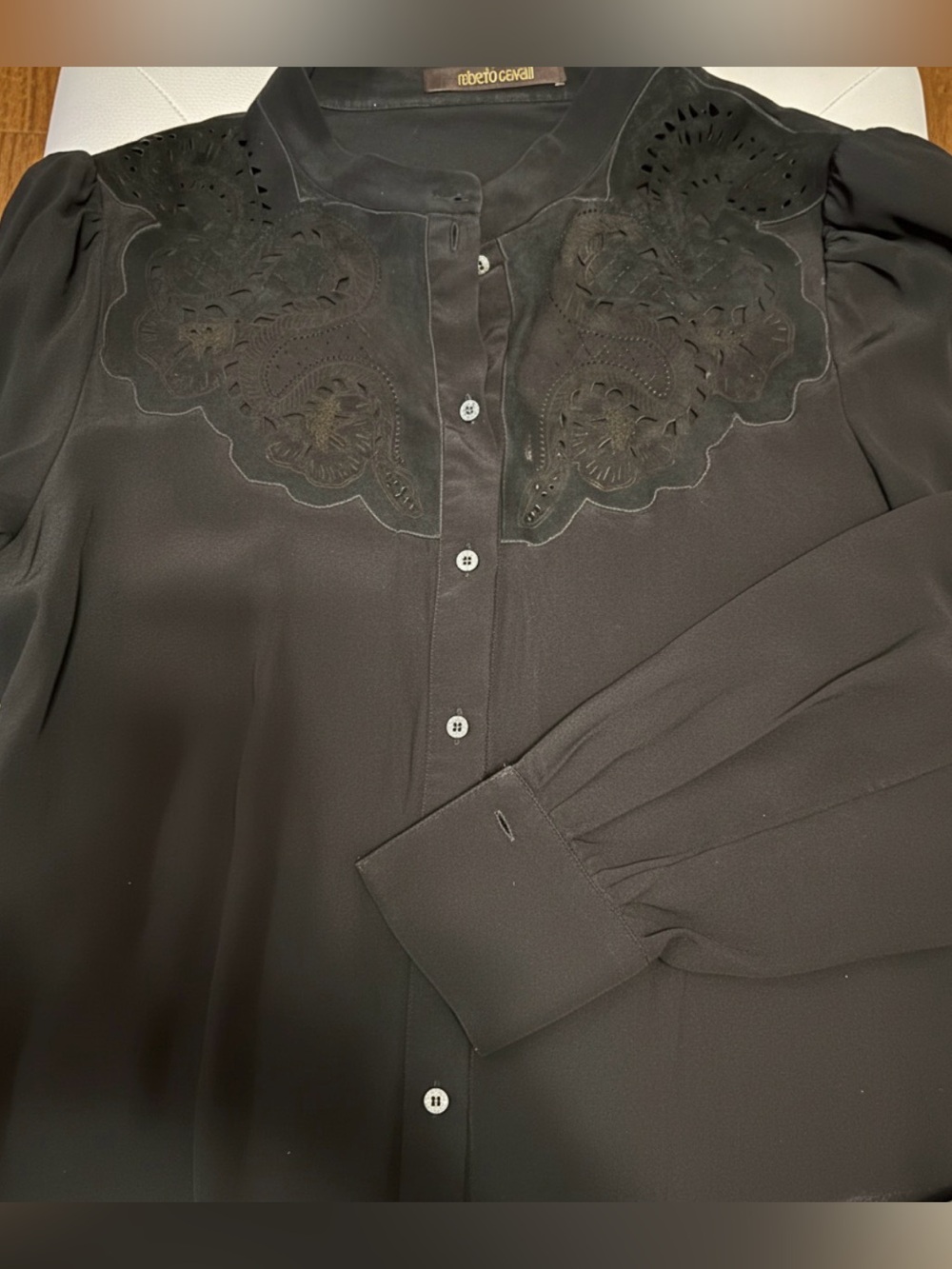 Roberto Cavalli Black Long-Sleeve Embroidered Yoke Blouse - 100% Silk